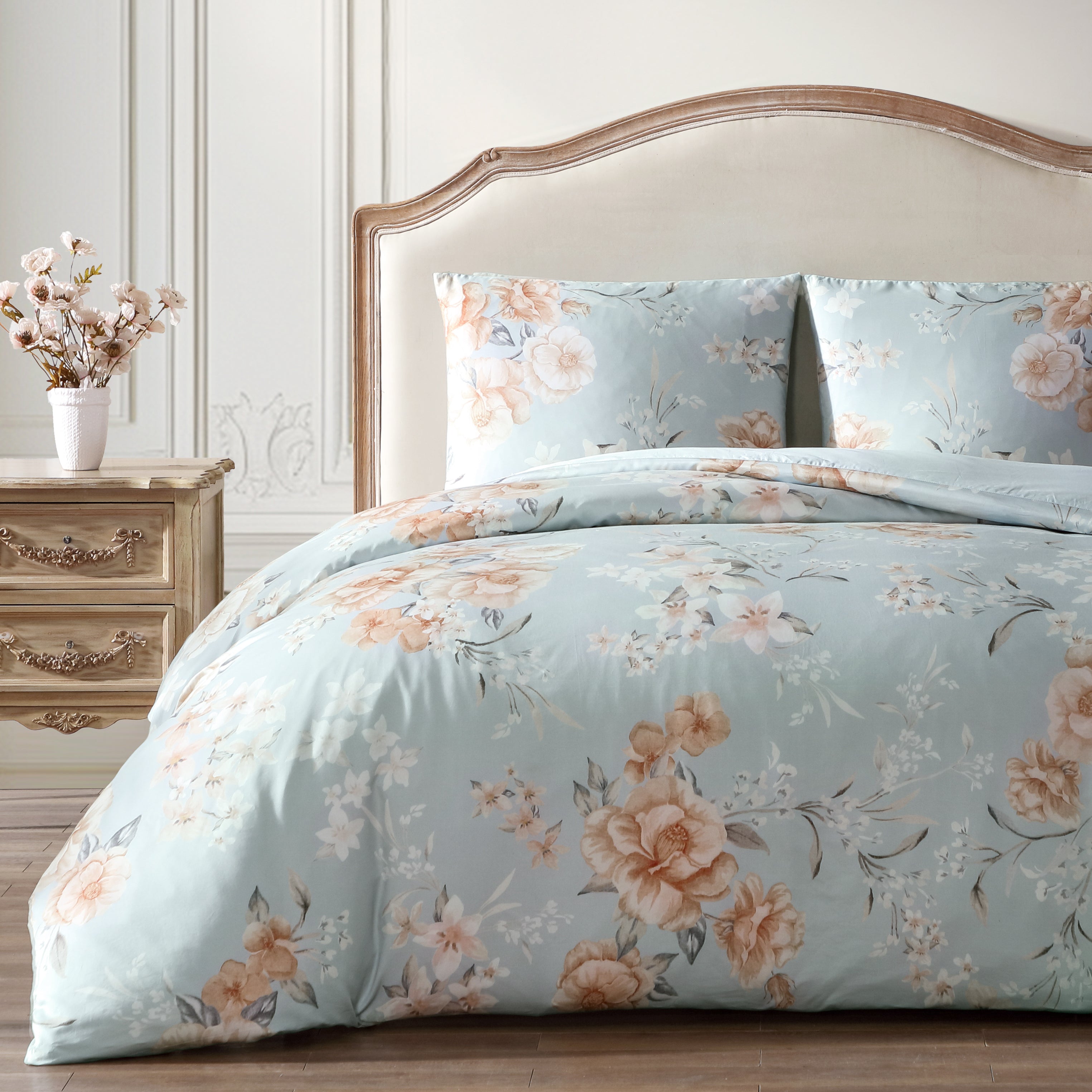 spa apriocot egyptian cotton floral print sateen duvet cover set#color_vintage-spa-garden  vintage spa garden