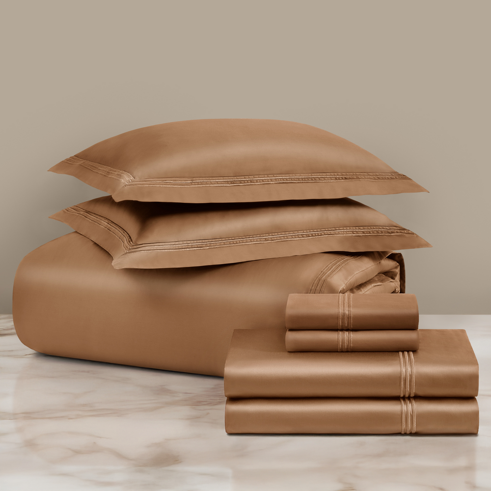 pure parima triple luxe sateen egyptian cotton sheets and duvet cover caramel