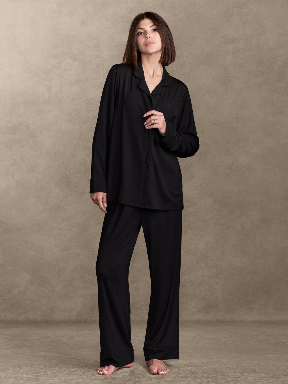 pure parima soft knit long sleeve pajama set#color_black