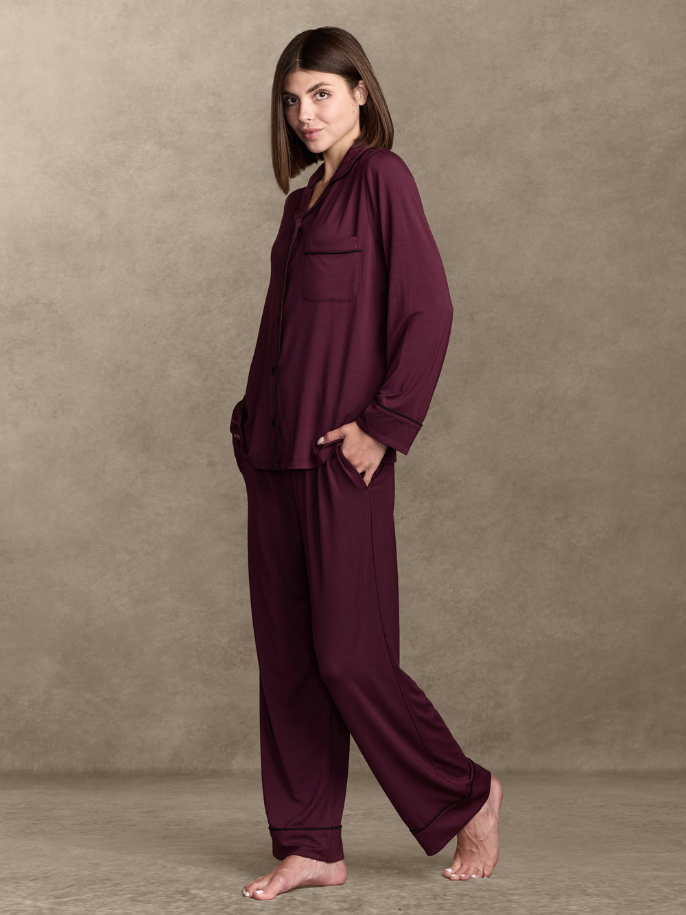 pure parima soft knit long sleeve pajama set#color_cherry