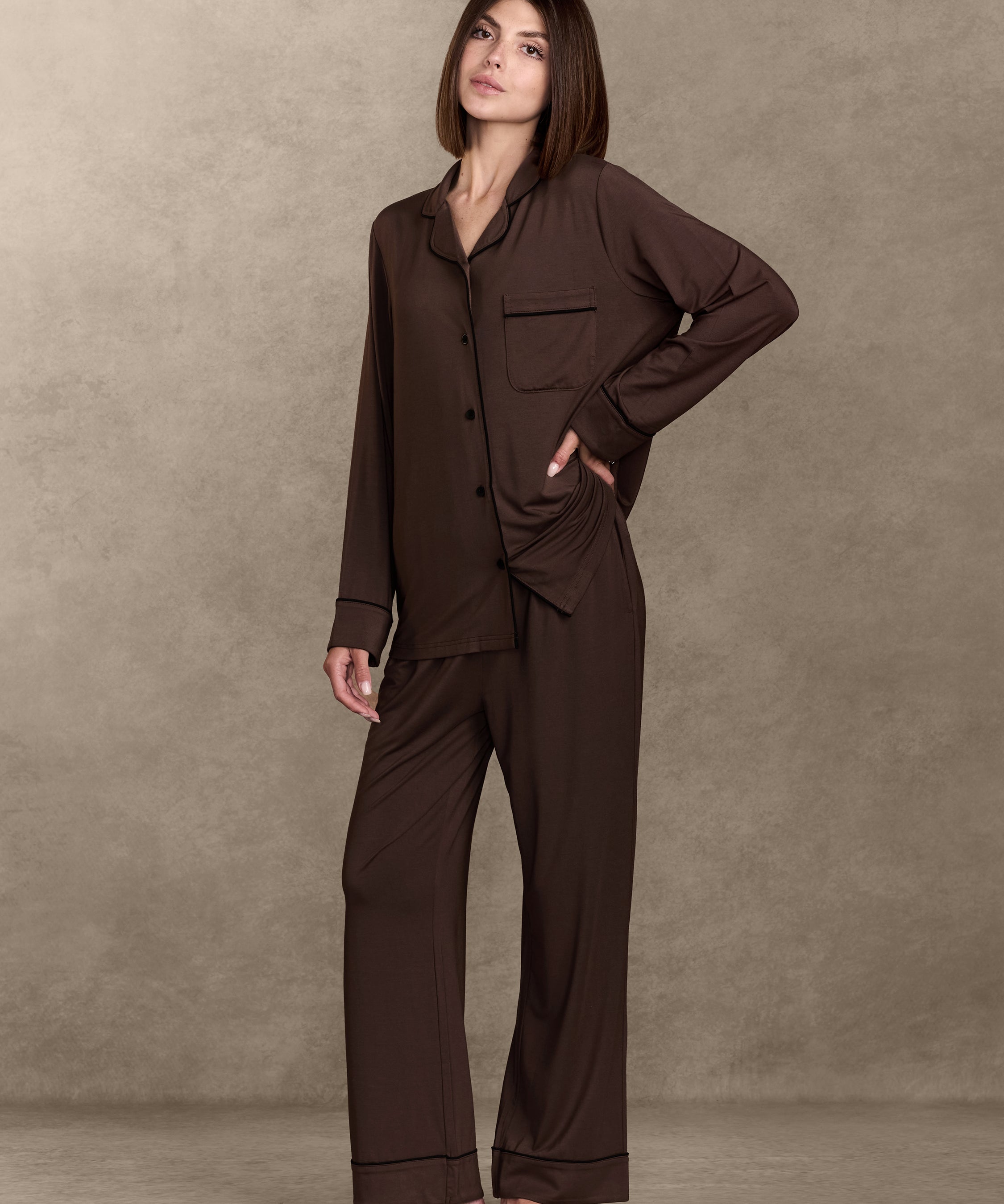 pure parima soft knit long sleeve pajama set#color_mocha