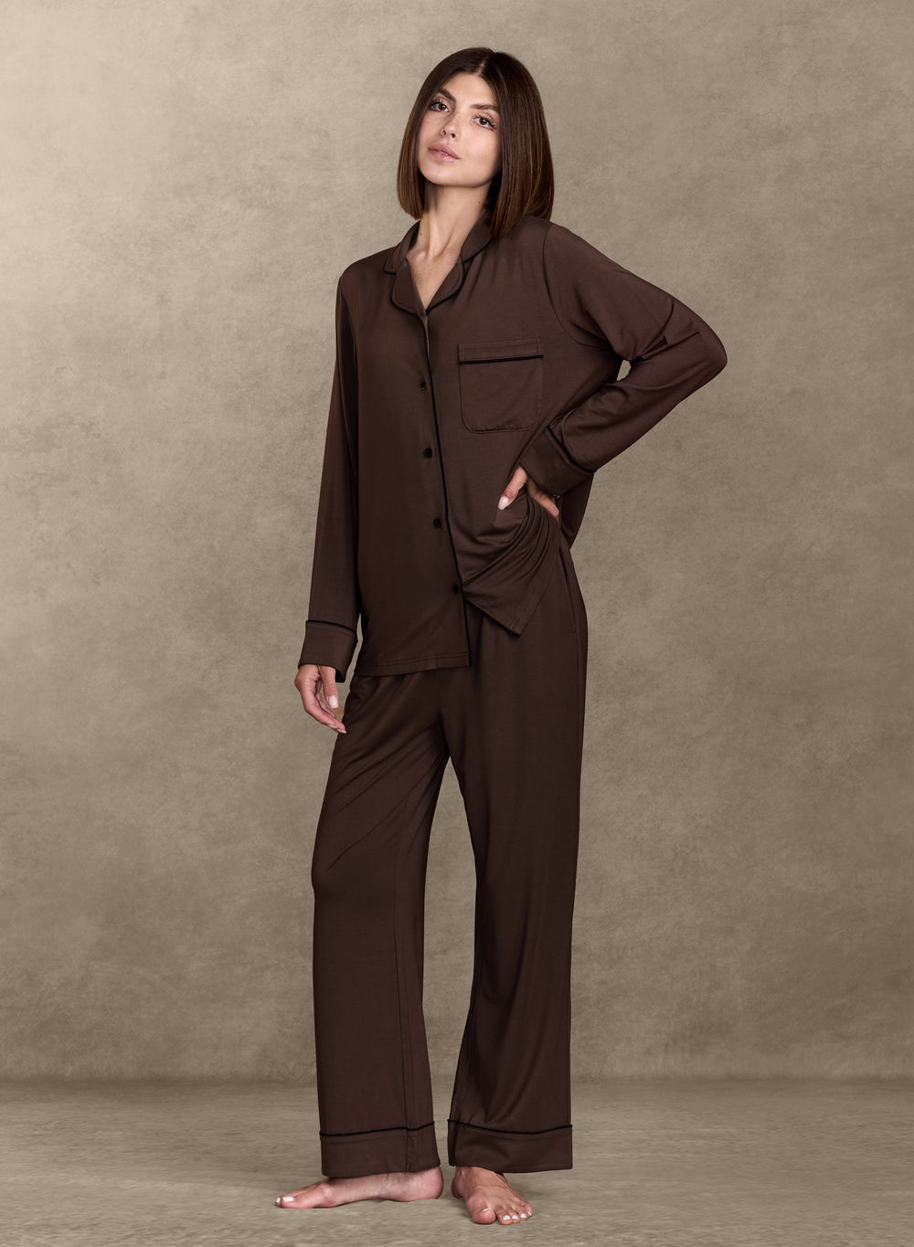 pure parima soft knit long sleeve pajama set#color_mocha